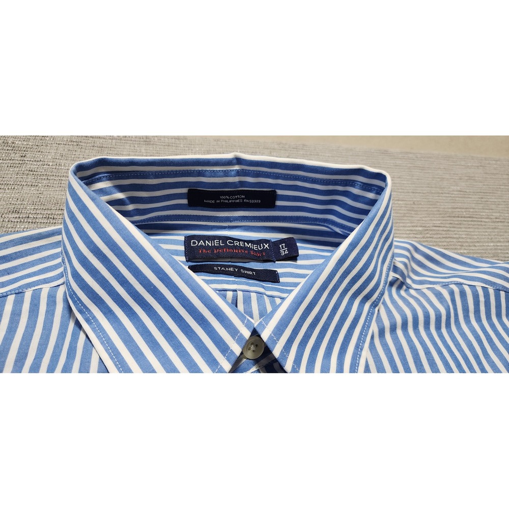 Daniel Cremieux Mens 17 34 Staney Shirt Blue White Striped Cotton Button Down - Picture 7 of 8